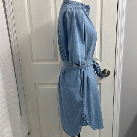 GAP Mini Dress Puff Sleeve Mock Neck Lt Wash Indigo Relaxed Fit Tie Belt Size S - Picture 9 of 13